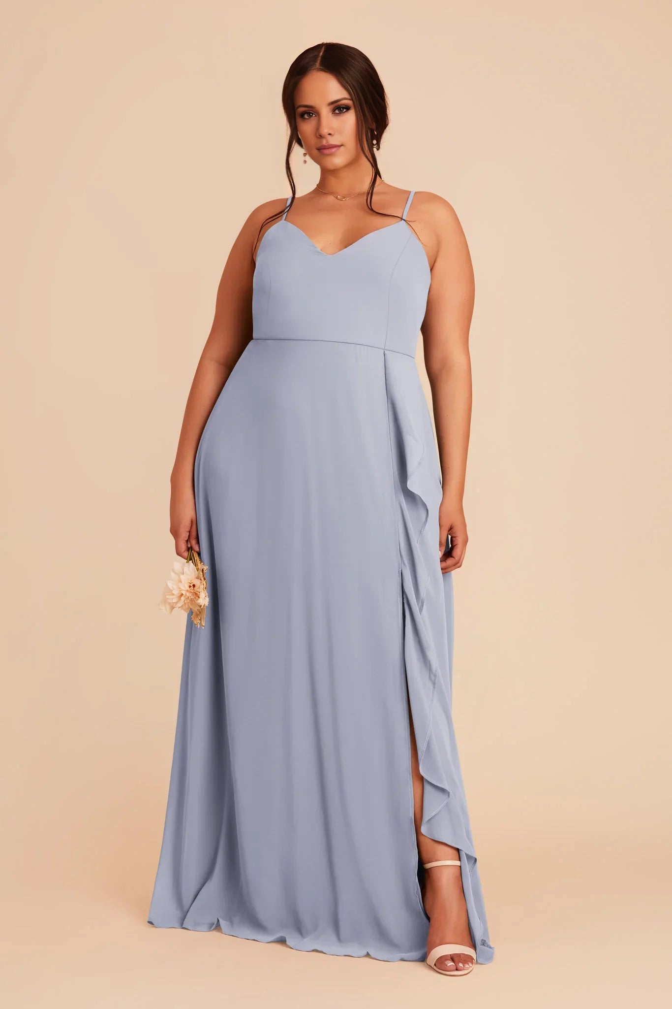 Airy Dusty Blue Chiffon Spaghetti-Strap Maxi Bridesmaid Dress with Ruffle Trim & High Side Slit