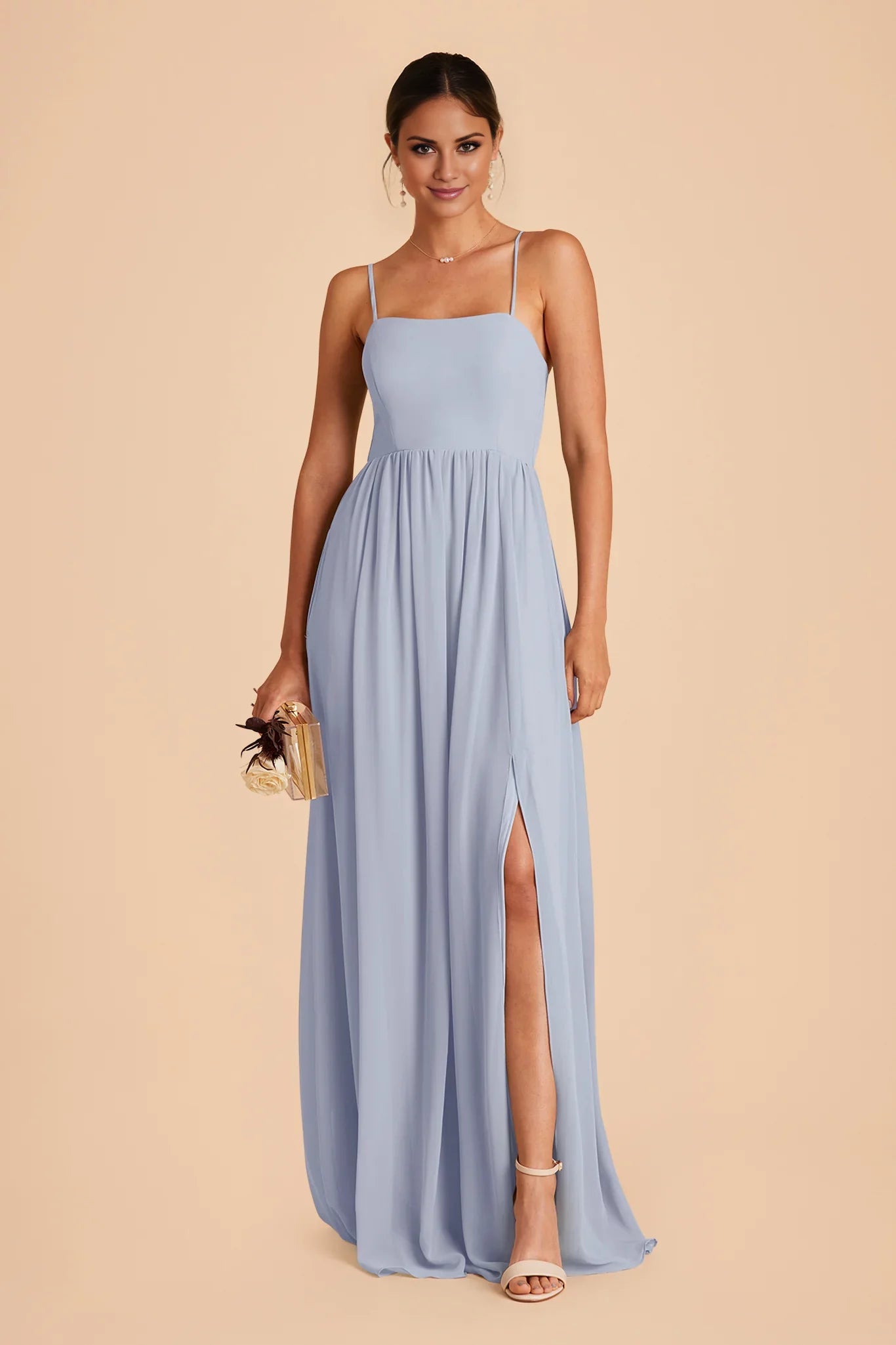 Airy Dusty Blue Chiffon Square Neck Spaghetti-Strap Maxi Bridesmaid Dress with Flowy Skirt & High Side Slit