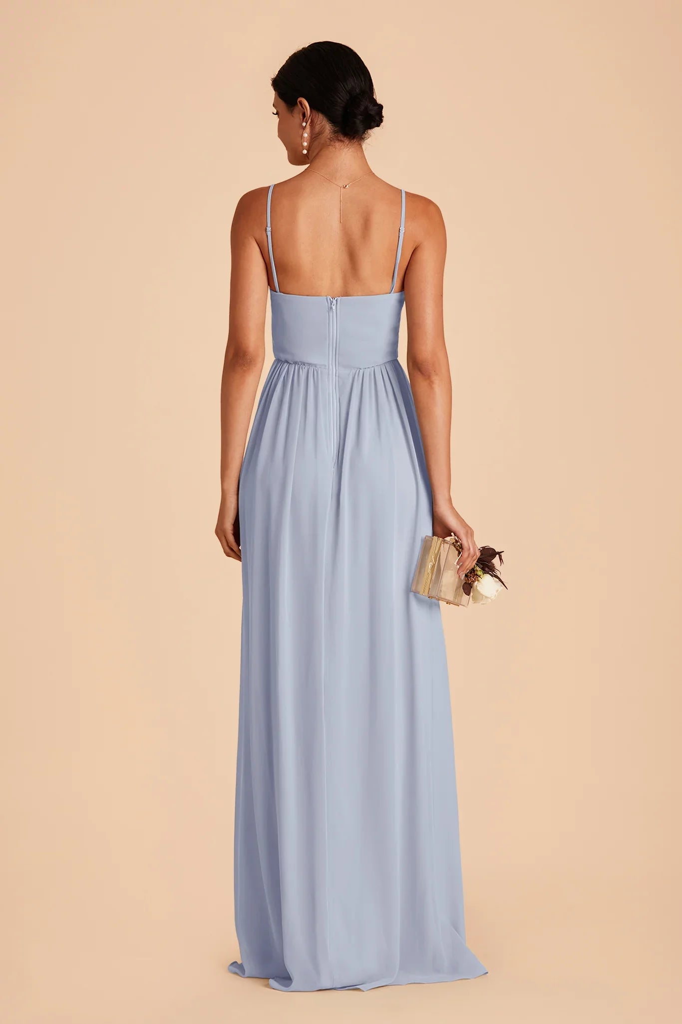 Airy Dusty Blue Chiffon Square Neck Spaghetti-Strap Maxi Bridesmaid Dress with Flowy Skirt & High Side Slit