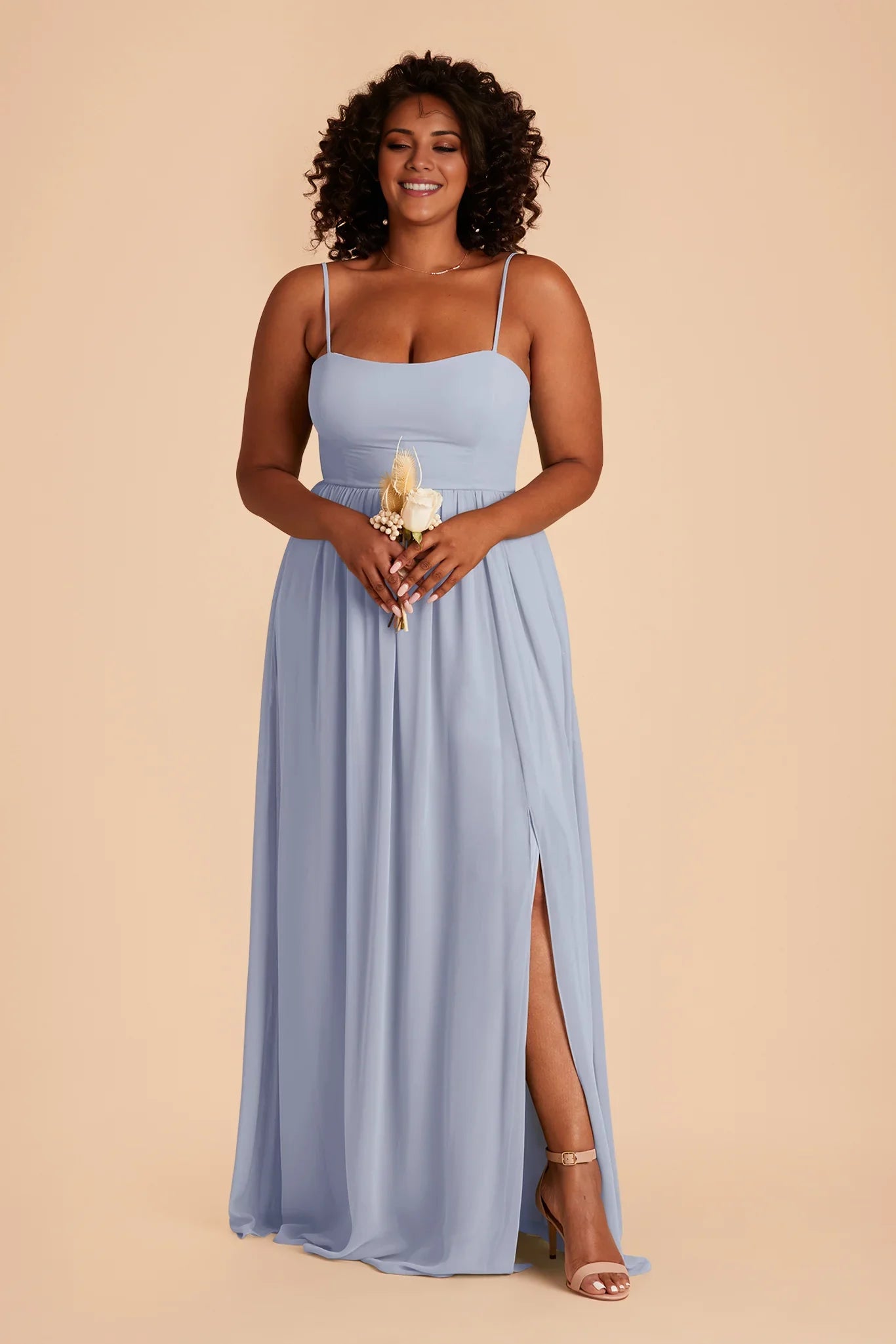 Airy Dusty Blue Chiffon Square Neck Spaghetti-Strap Maxi Bridesmaid Dress with Flowy Skirt & High Side Slit