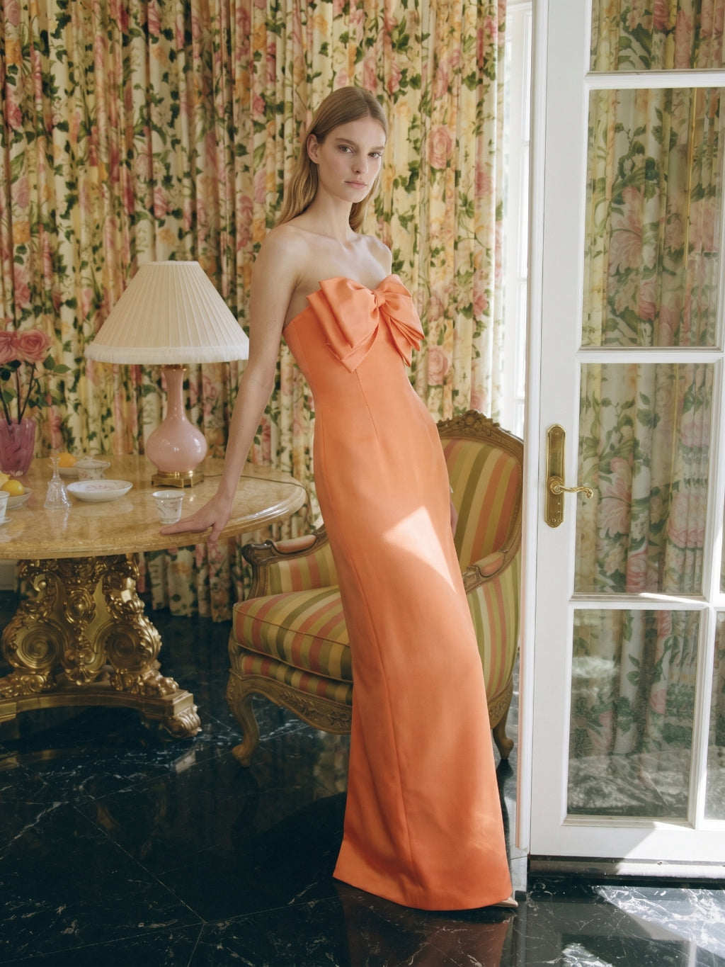 Architectural Orange Satin Sheath Straight Neck Backless Floor-Length Bridesmaid Dress with Bow
