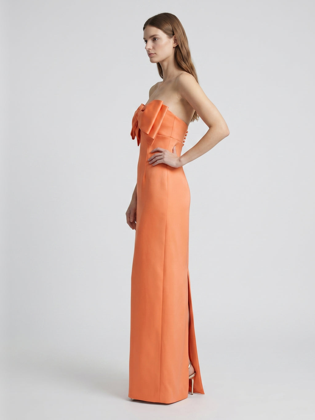 Architectural Orange Satin Sheath Straight Neck Backless Floor-Length Bridesmaid Dress with Bow