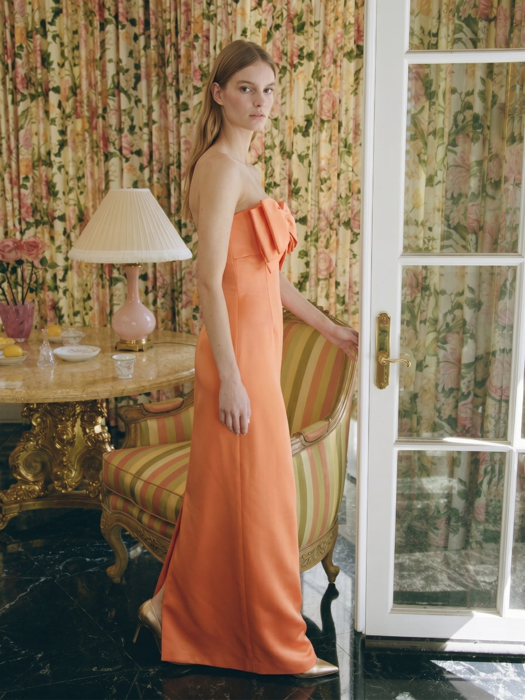 Architectural Orange Satin Sheath Straight Neck Backless Floor-Length Bridesmaid Dress with Bow