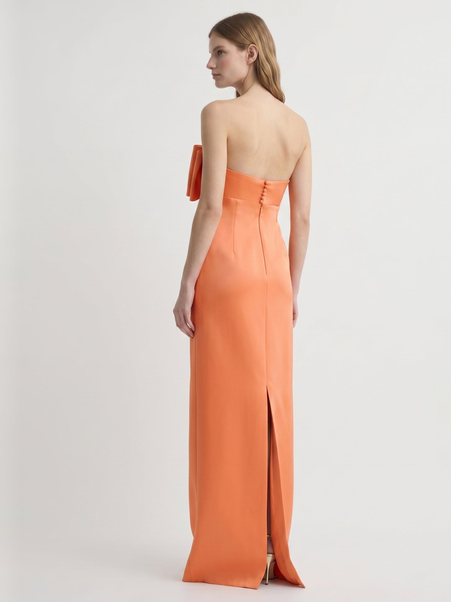 Architectural Orange Satin Sheath Straight Neck Backless Floor-Length Bridesmaid Dress with Bow