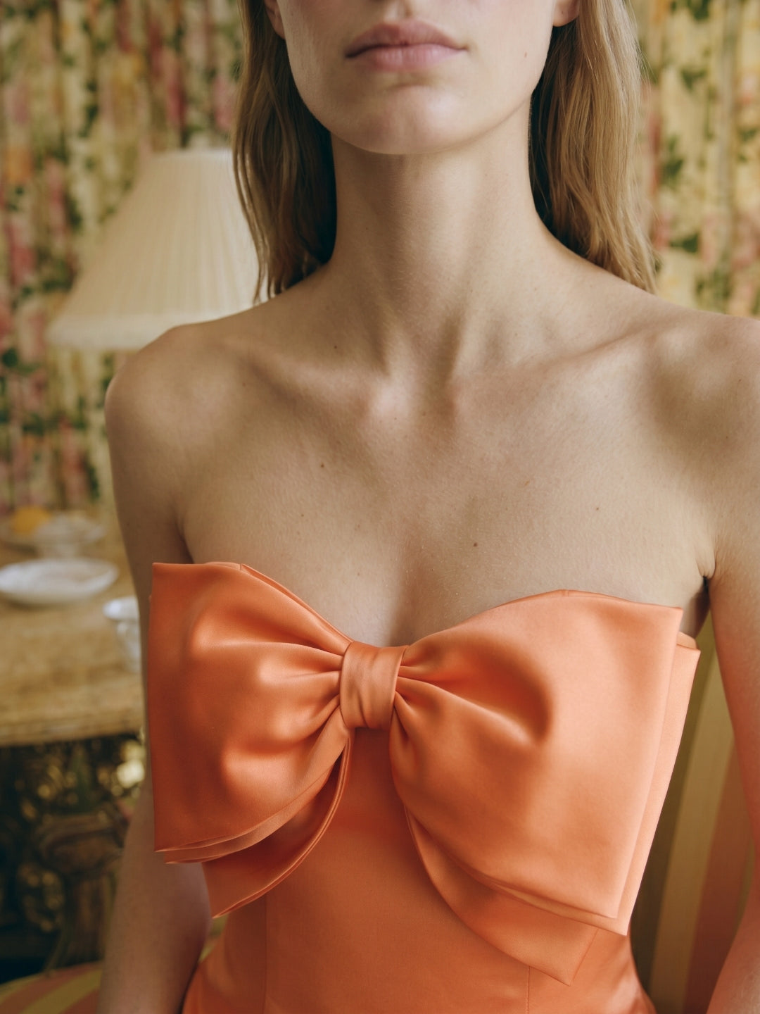 Architectural Orange Satin Sheath Straight Neck Backless Floor-Length Bridesmaid Dress with Bow
