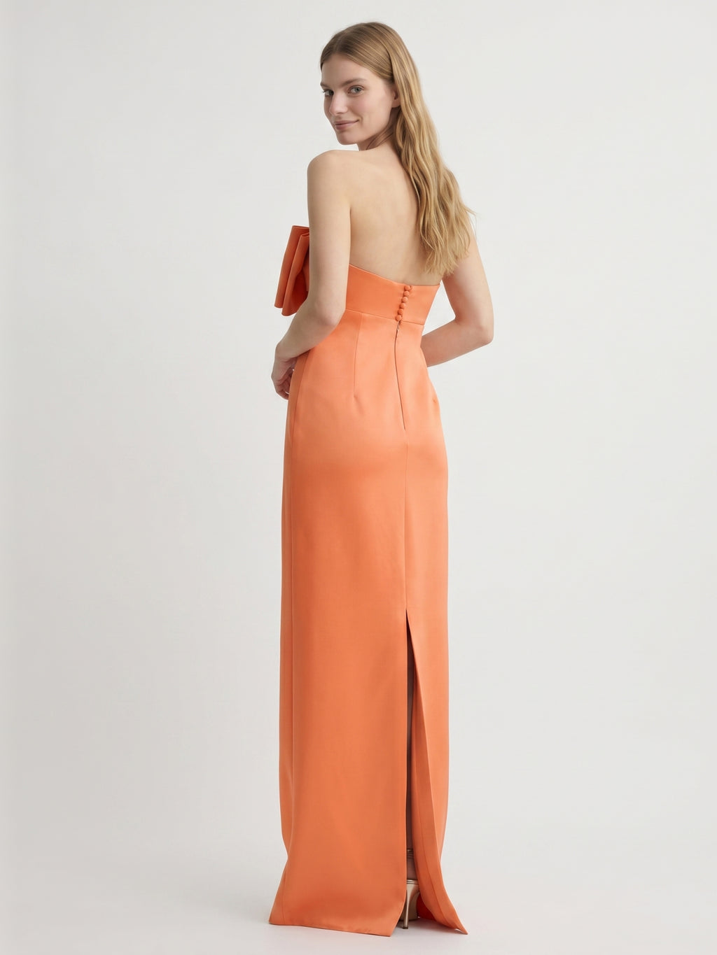 Architectural Orange Satin Sheath Straight Neck Backless Floor-Length Bridesmaid Dress with Bow