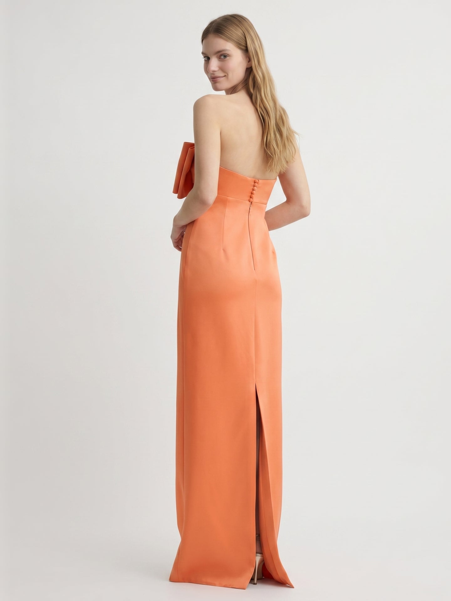 Architectural Orange Satin Sheath Straight Neck Backless Floor-Length Bridesmaid Dress with Bow