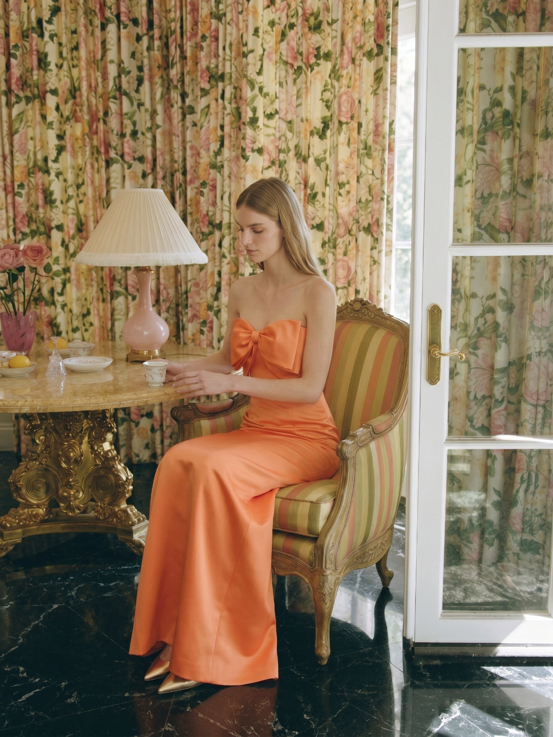 Architectural Orange Satin Sheath Straight Neck Backless Floor-Length Bridesmaid Dress with Bow