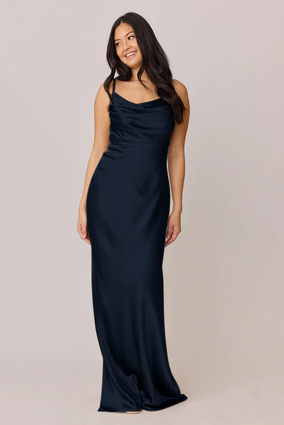 Asymmetric Cowl-Neck Satin Bridesmaid Dress with High Thigh Slit & Slim-Fit Silhouette