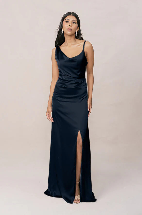 Asymmetric Cowl-Neck Satin Bridesmaid Dress with Spaghetti Straps, High Thigh Slit & Drape Back