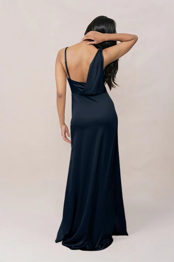 Asymmetric Cowl-Neck Satin Bridesmaid Dress with Spaghetti Straps, High Thigh Slit & Drape Back