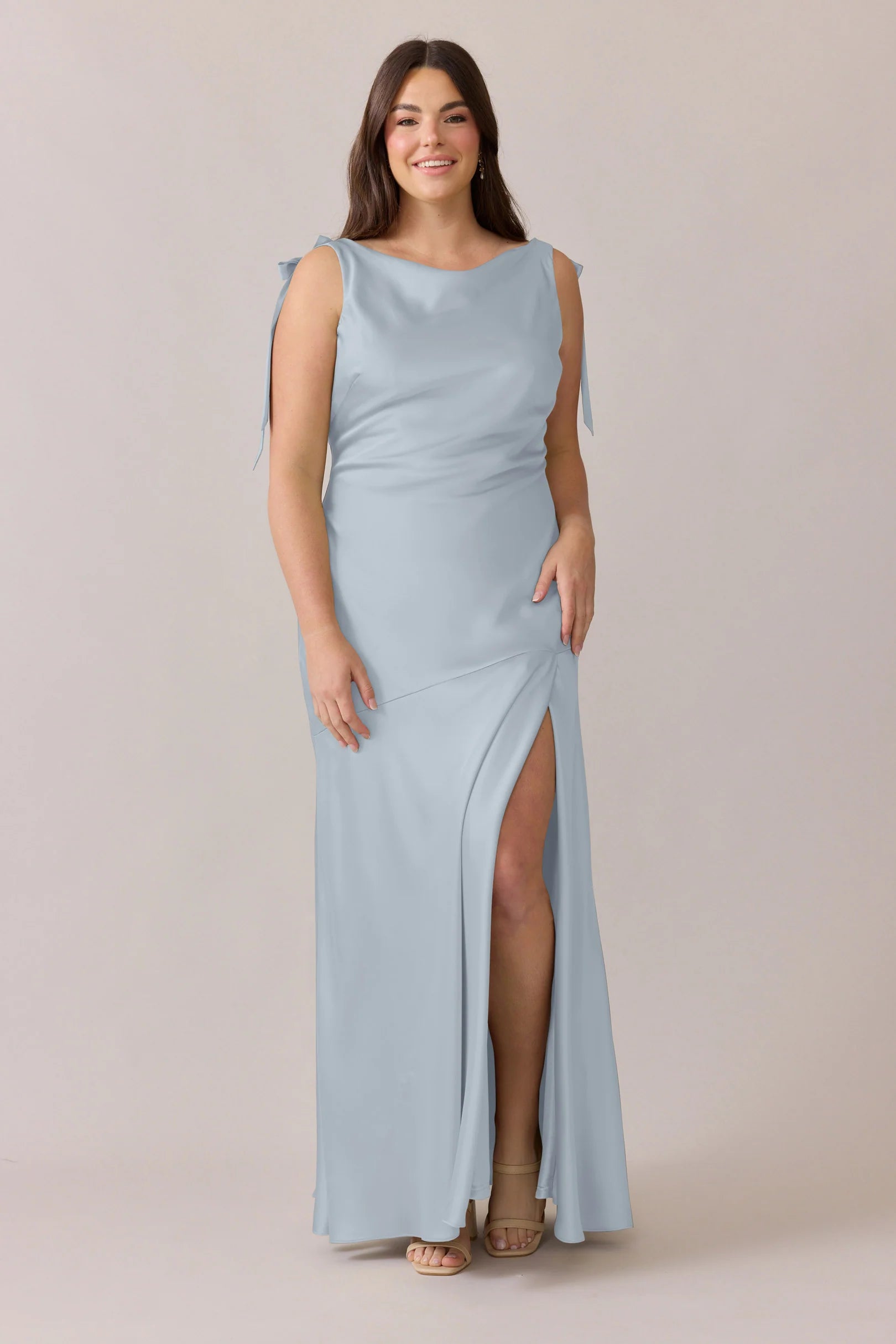 Bateau Neck Satin Bridesmaid Dress with Shoulder Bow Ties, Open Back & Side High Slit Flowy Maxi Silhouette