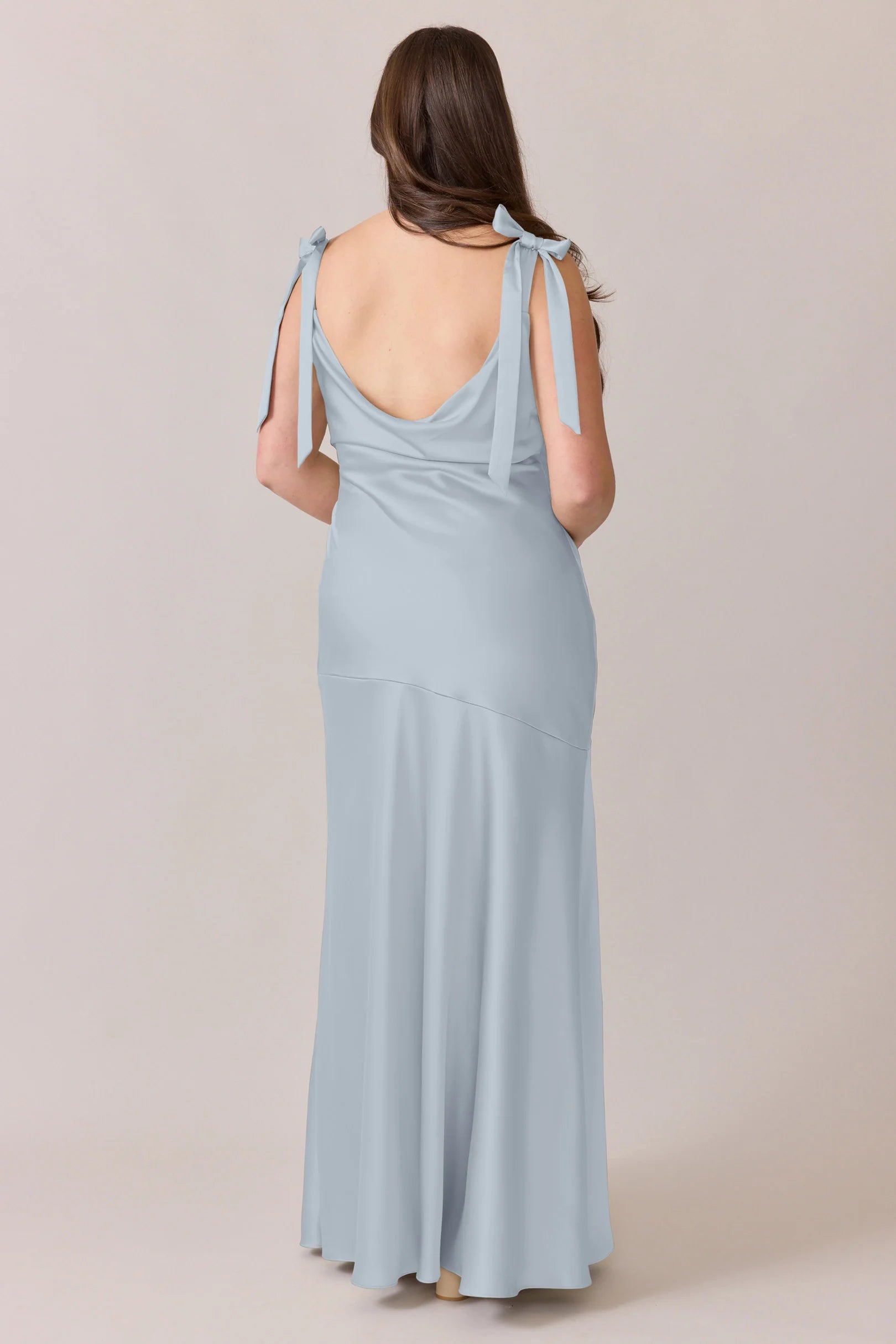 Bateau Neck Satin Bridesmaid Dress with Shoulder Bow Ties, Open Back & Side High Slit Flowy Maxi Silhouette