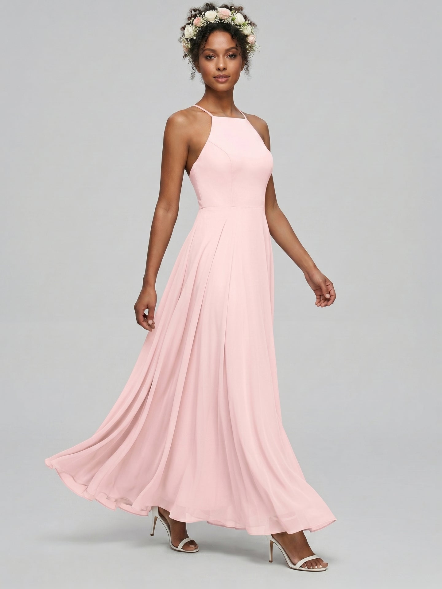 Beautiful Back Blushing Pink Chiffon A-Line Halter neckline Backless Ankle-Length Bridesmaid Dress