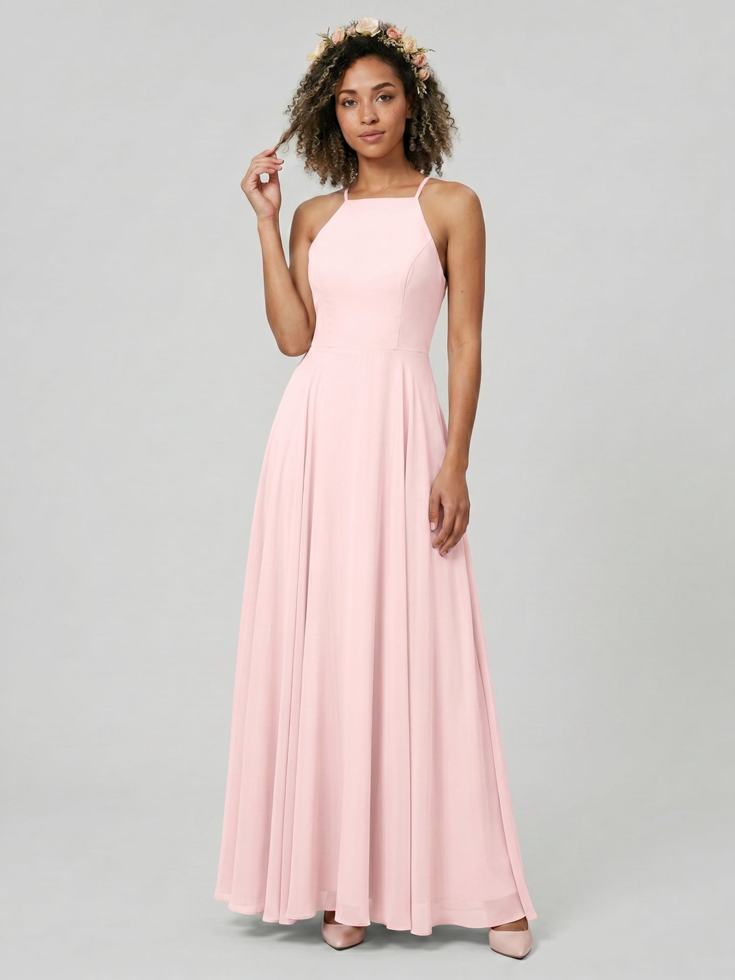 Beautiful Back Blushing Pink Chiffon A-Line Halter neckline Backless Ankle-Length Bridesmaid Dress