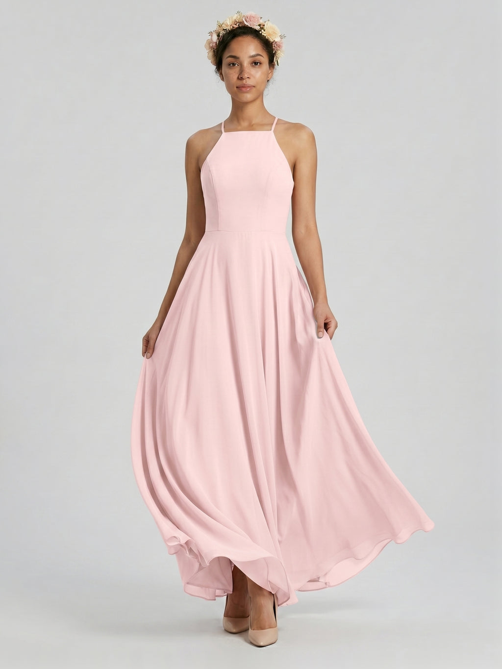 Beautiful Back Blushing Pink Chiffon A-Line Halter neckline Backless Ankle-Length Bridesmaid Dress