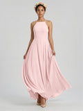 Beautiful Back Blushing Pink Chiffon A-Line Halter neckline Backless Ankle-Length Bridesmaid Dress