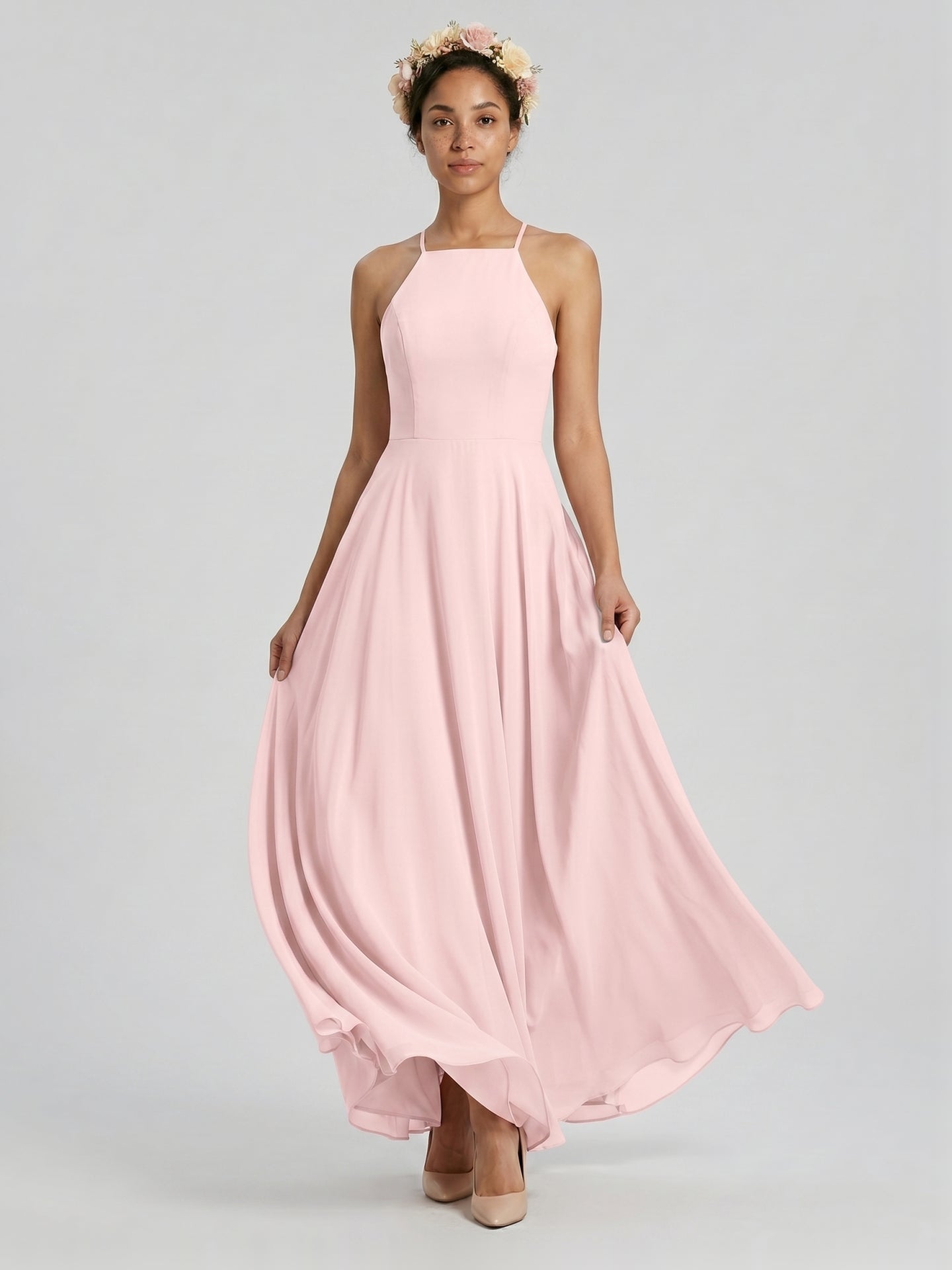 Beautiful Back Blushing Pink Chiffon A-Line Halter neckline Backless Ankle-Length Bridesmaid Dress