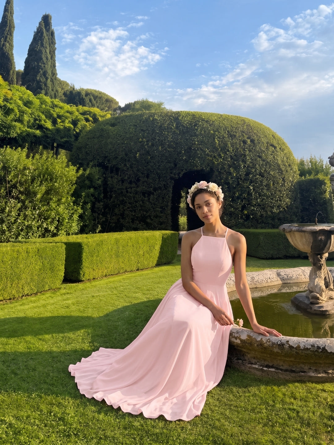 Beautiful Back Blushing Pink Chiffon A-Line Halter neckline Backless Ankle-Length Bridesmaid Dress