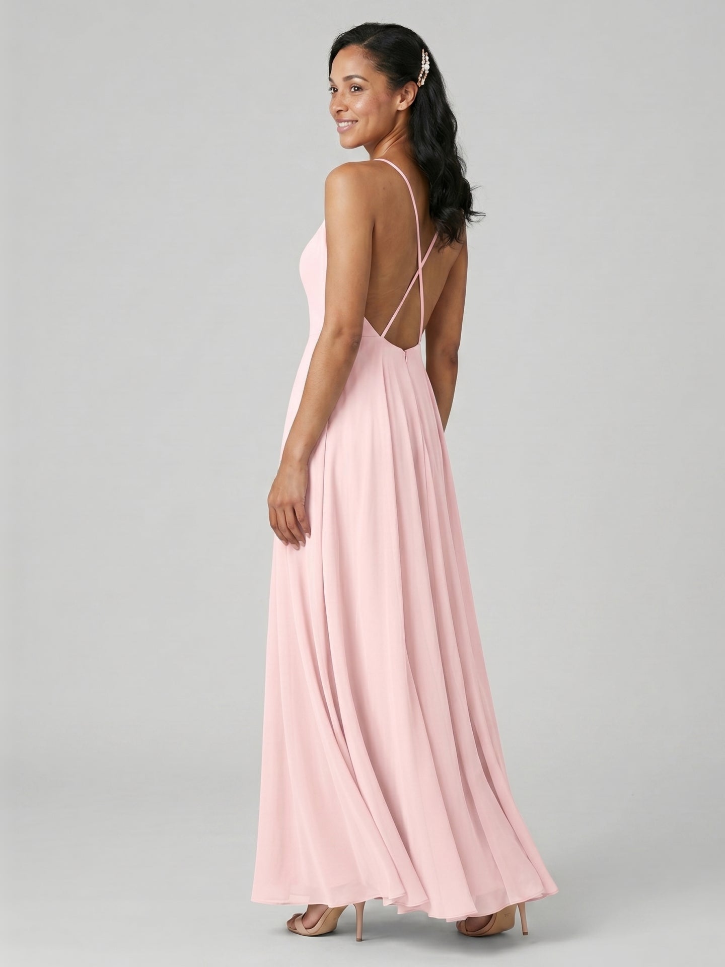 Beautiful Back Blushing Pink Chiffon A-Line Halter neckline Backless Ankle-Length Bridesmaid Dress