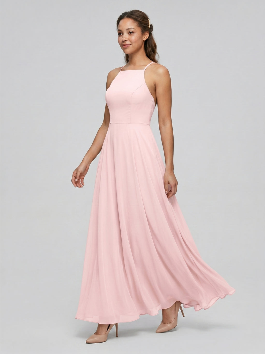 Beautiful Back Blushing Pink Chiffon A-Line Halter neckline Backless Ankle-Length Bridesmaid Dress