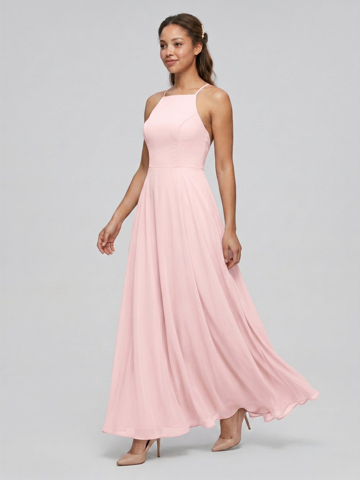 Beautiful Back Blushing Pink Chiffon A-Line Halter neckline Backless Ankle-Length Bridesmaid Dress