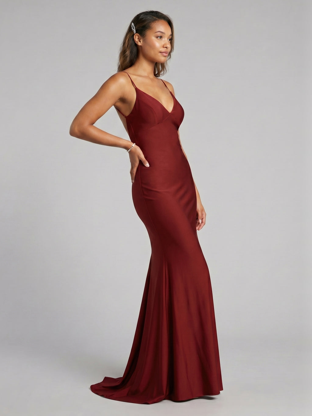 Beautiful Back Burgundy Satin Mermaid V-Neck Backless Ankle-Length Bridesmaid Dress