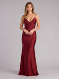 Beautiful Back Burgundy Satin Mermaid V-Neck Backless Ankle-Length Bridesmaid Dress