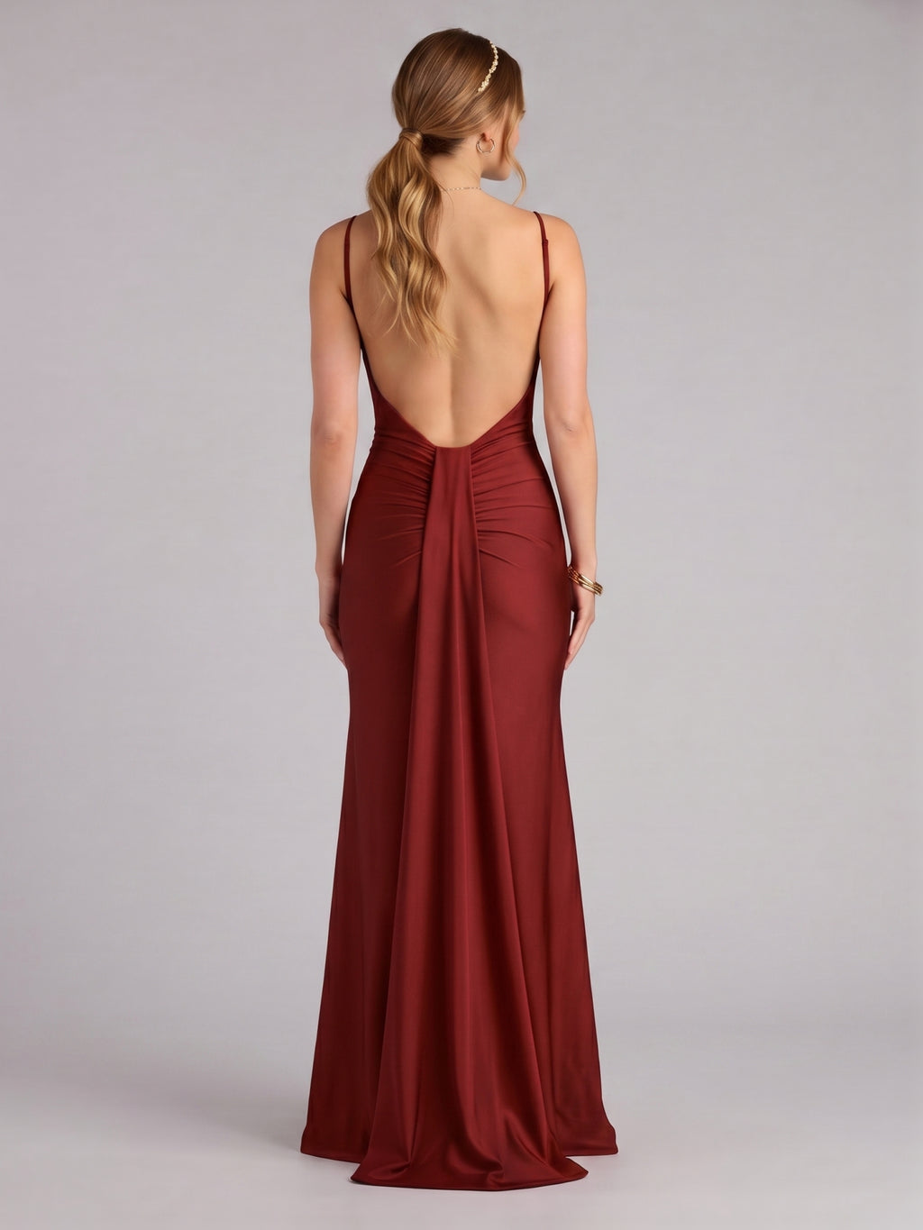Beautiful Back Burgundy Satin Mermaid V-Neck Backless Ankle-Length Bridesmaid Dress