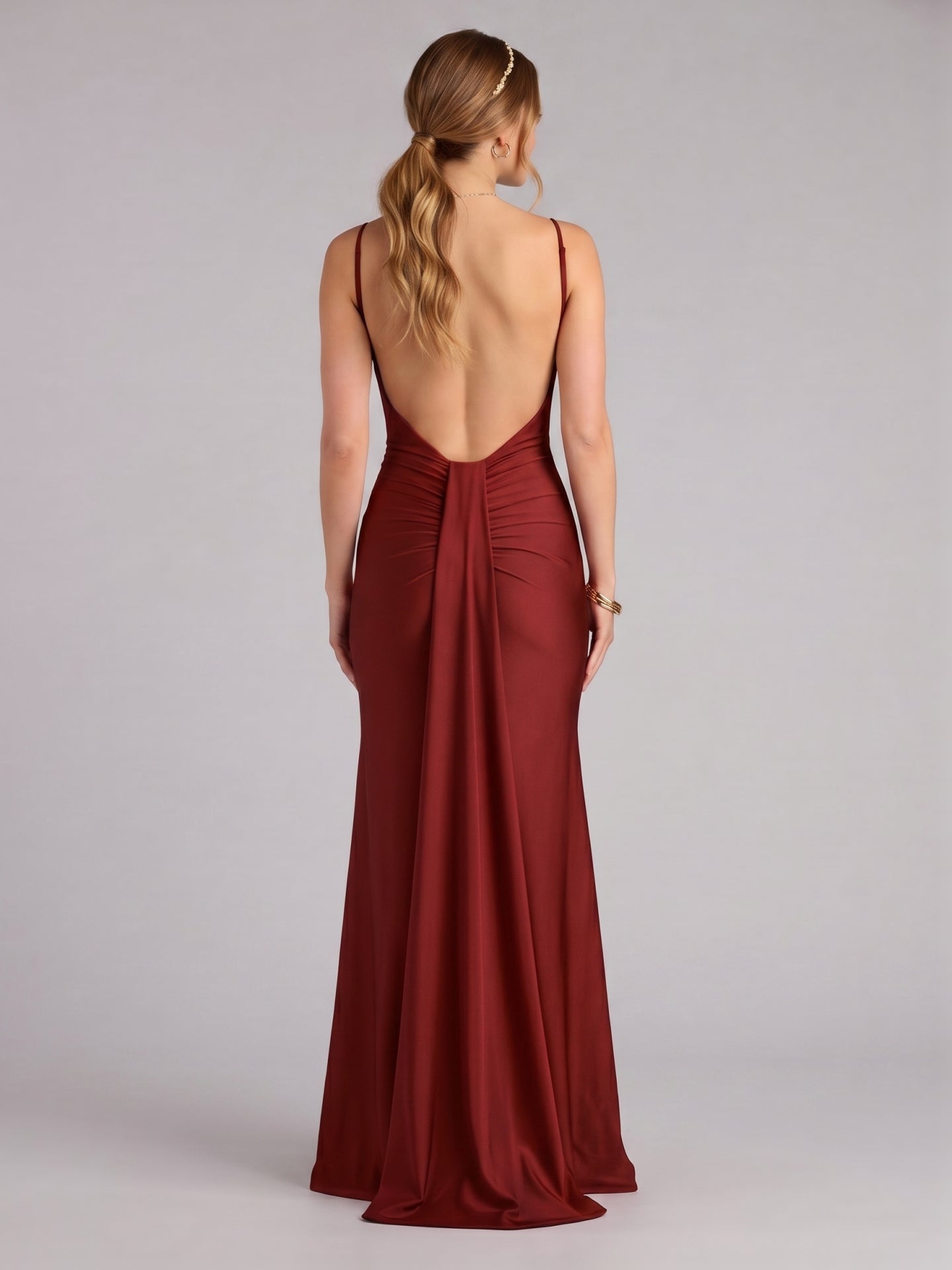 Beautiful Back Burgundy Satin Mermaid Bridesmaid Dress