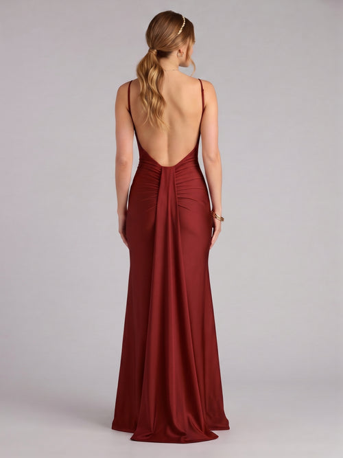 Beautiful Back Burgundy Satin Mermaid V-Neck Backless Ankle-Length Bridesmaid Dress