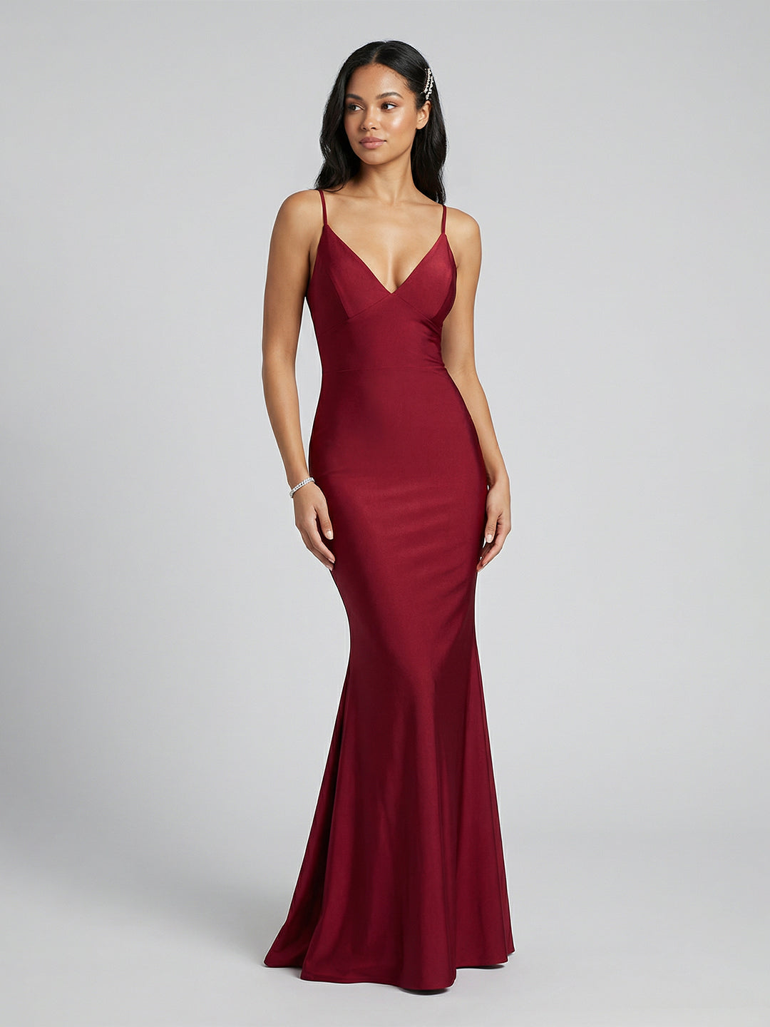 Beautiful Back Burgundy Satin Mermaid V-Neck Backless Ankle-Length Bridesmaid Dress