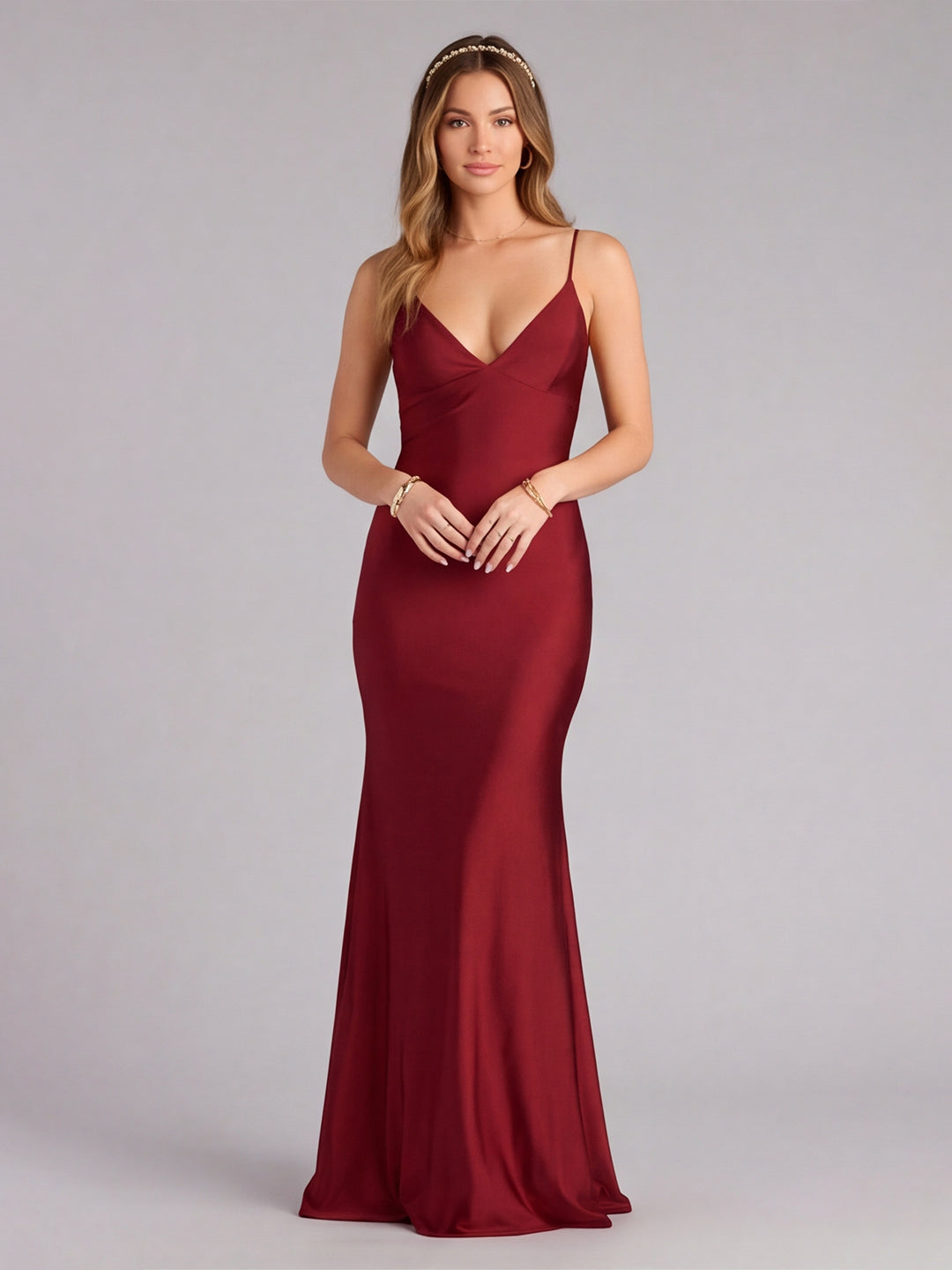 Beautiful Back Burgundy Satin Mermaid V-Neck Backless Ankle-Length Bridesmaid Dress