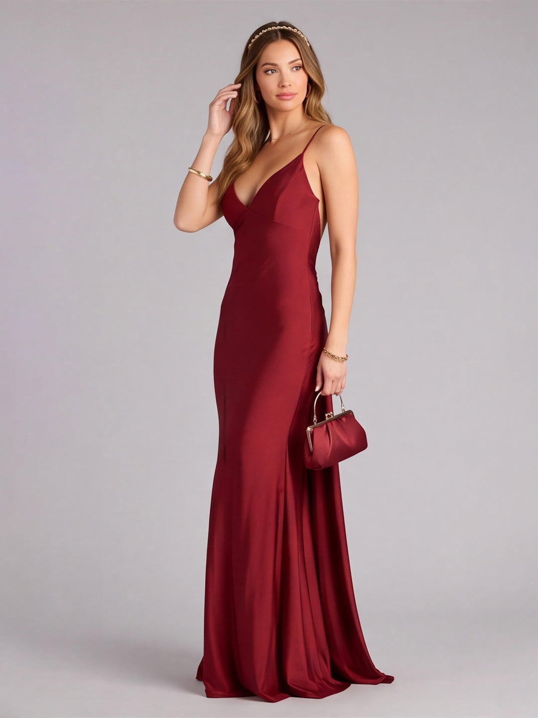 Beautiful Back Burgundy Satin Mermaid V-Neck Backless Ankle-Length Bridesmaid Dress