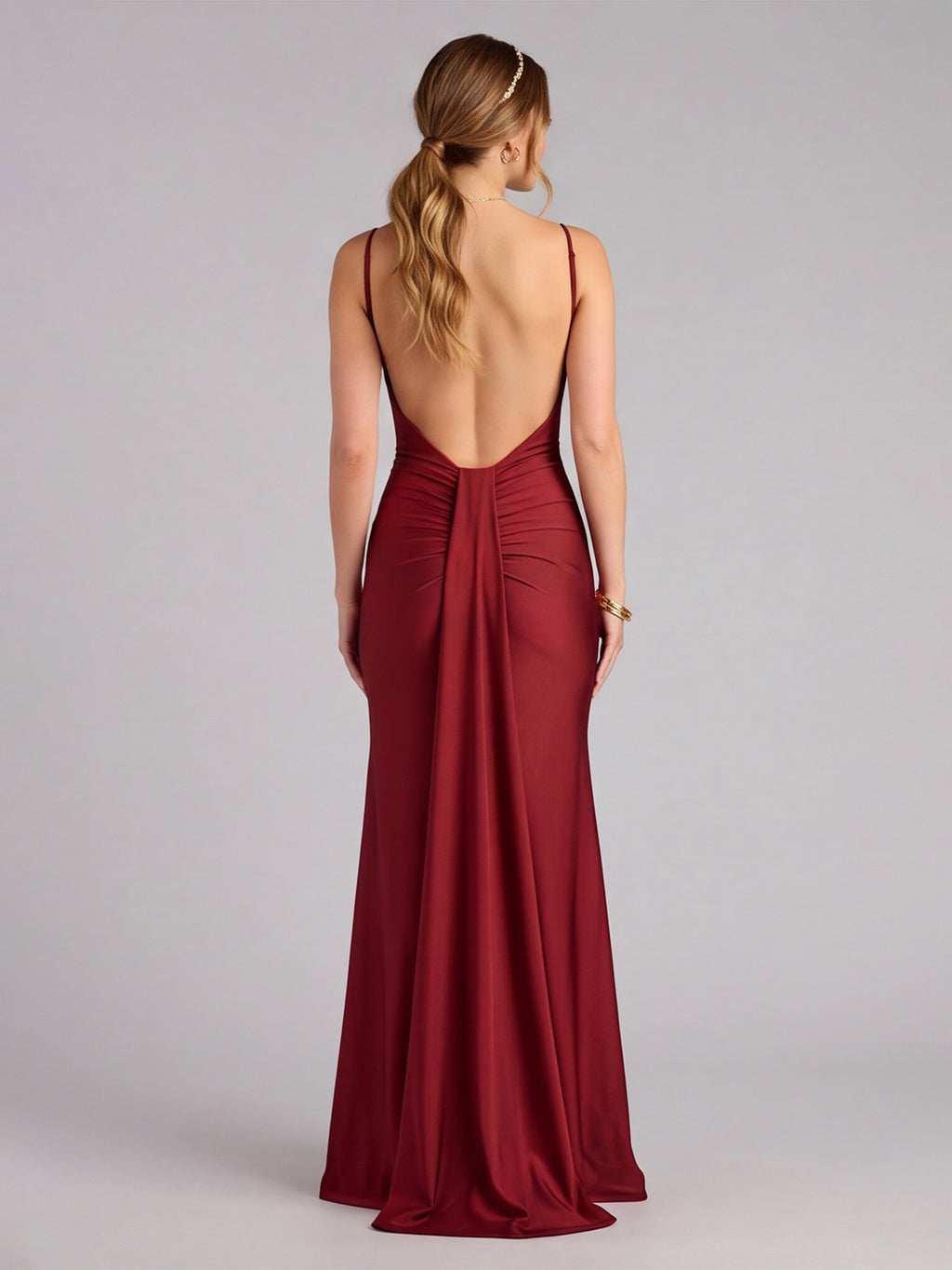 Beautiful Back Burgundy Satin Mermaid V-Neck Backless Ankle-Length Bridesmaid Dress