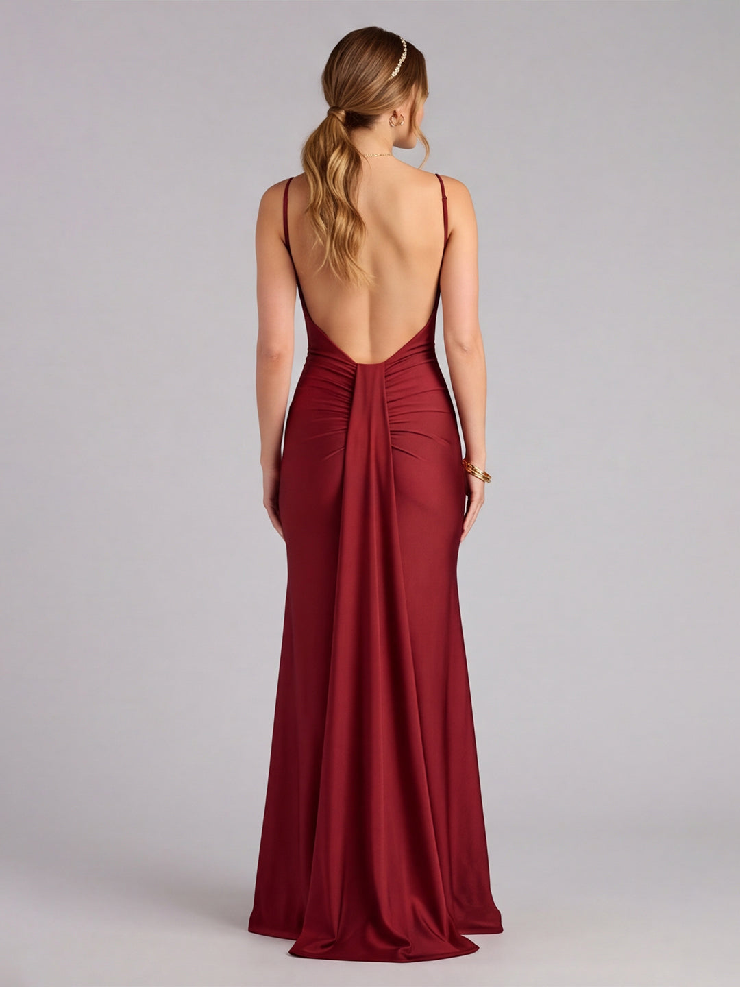 Beautiful Back Burgundy Satin Mermaid V-Neck Backless Ankle-Length Bridesmaid Dress
