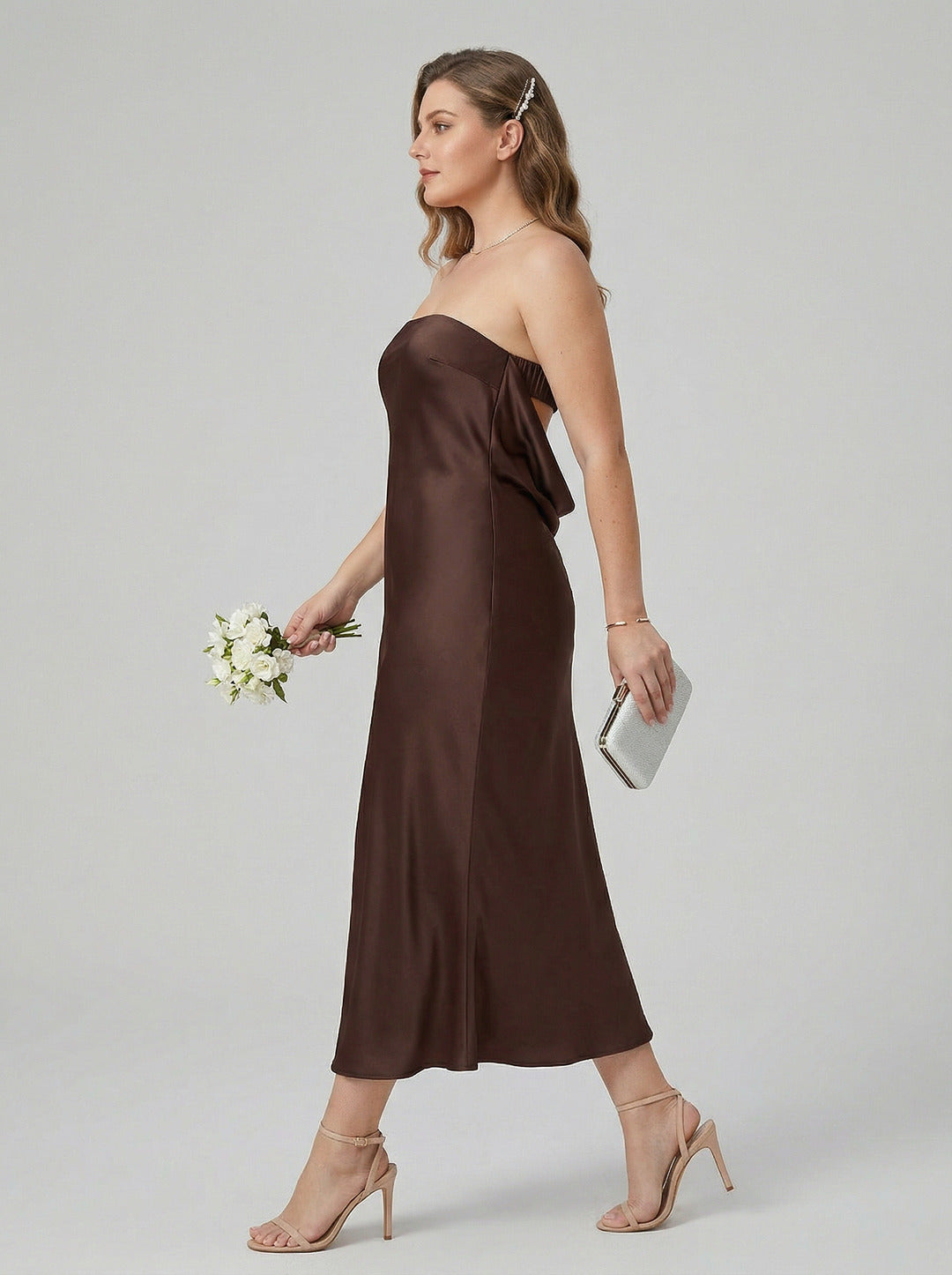 Beautiful Back Espresso Satin Sheath Straight Neck Backless Ankle-Length  Bridesmaid Dress