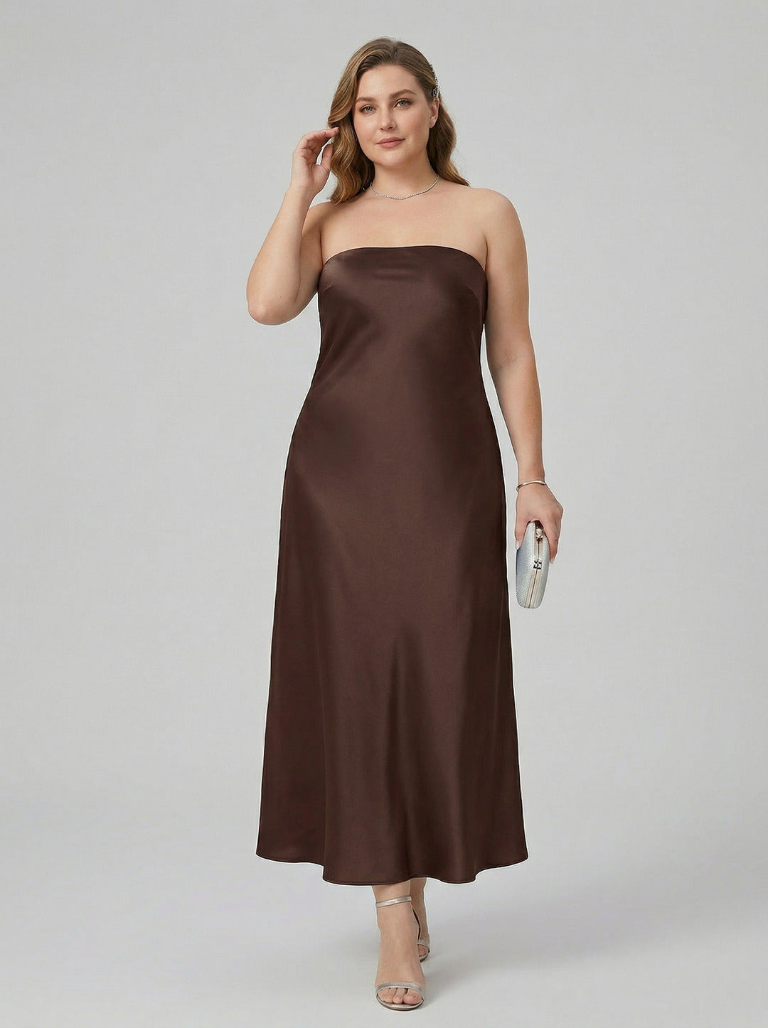 Beautiful Back Espresso Satin Sheath Straight Neck Backless Ankle-Length  Bridesmaid Dress