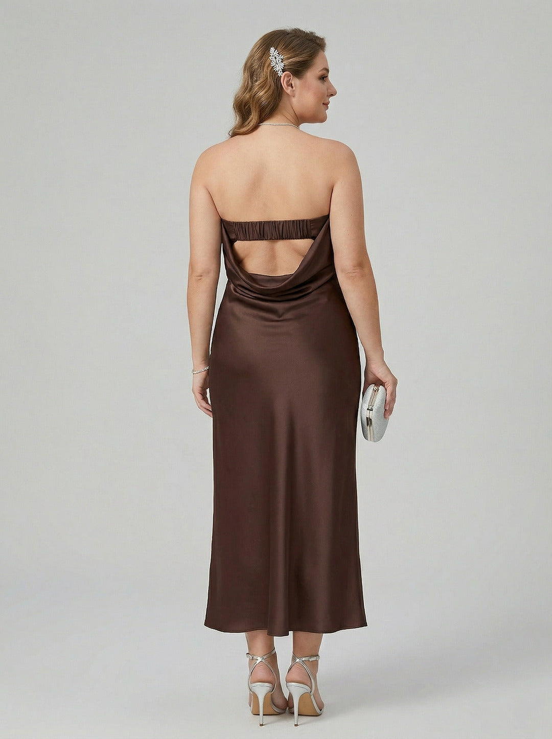 Beautiful Back Espresso Satin Sheath Straight Neck Backless Ankle-Length  Bridesmaid Dress