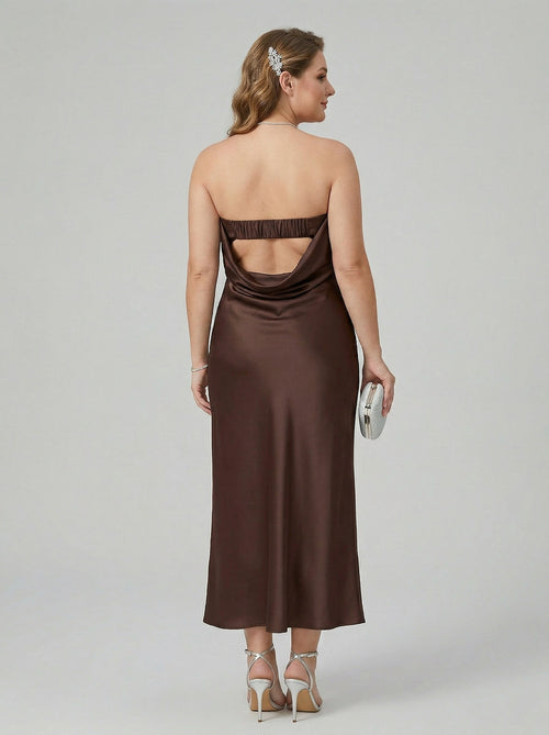 Beautiful Back Espresso Satin Sheath Straight Neck Backless Ankle-Length Plus Size Bridesmaid Dress