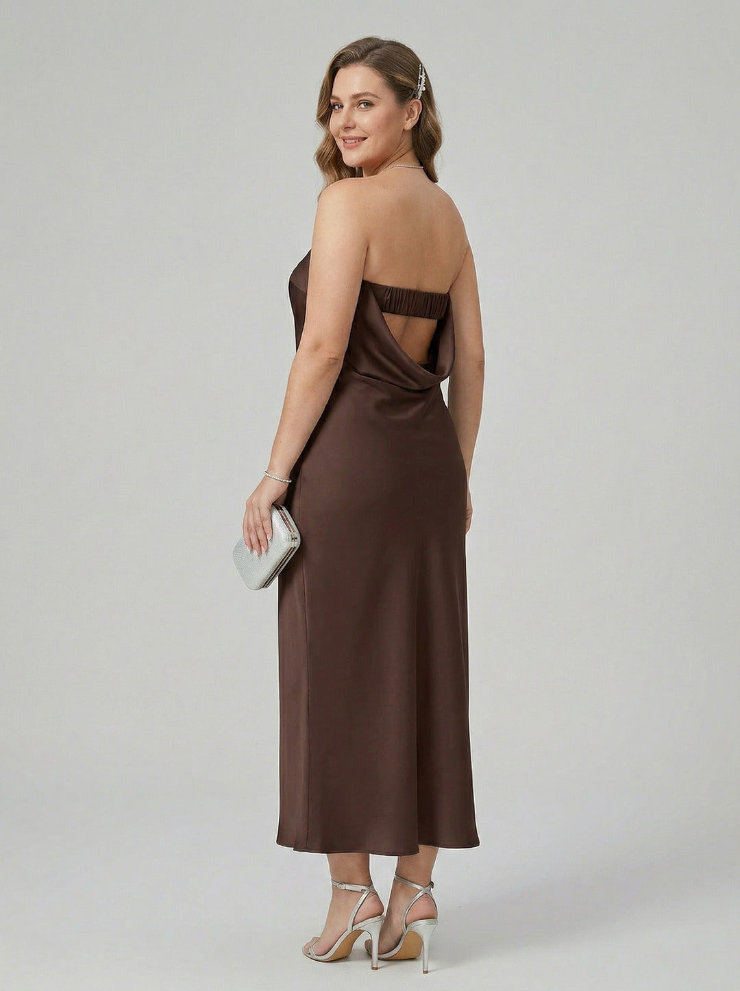 Beautiful Back Espresso Satin Sheath Straight Neck Backless Ankle-Length  Bridesmaid Dress