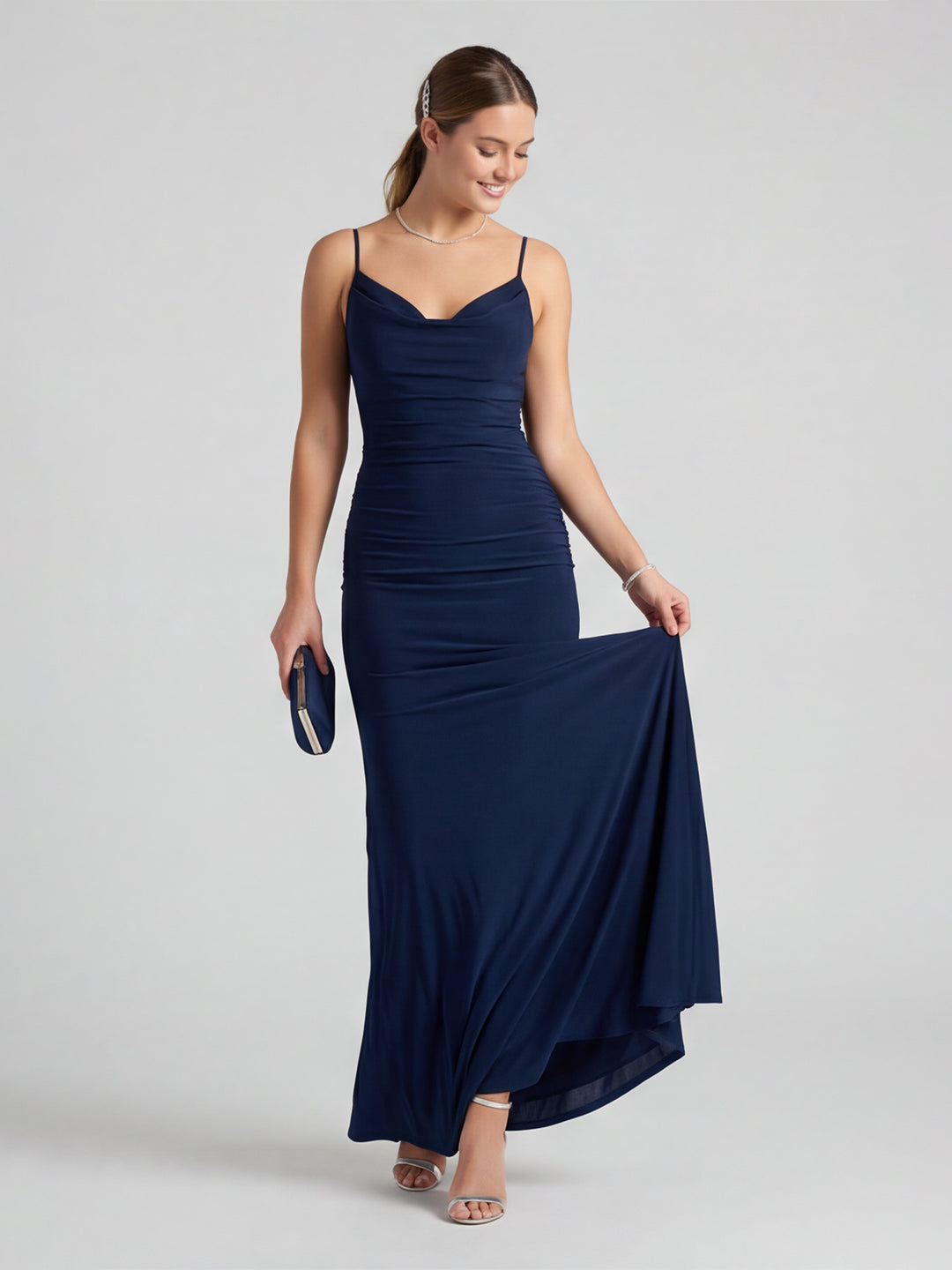 Beautiful Back Navy Blue Stretch Crepe Mermaid Cowl Neck Backless Ankle-Length Bridesmaid Dress