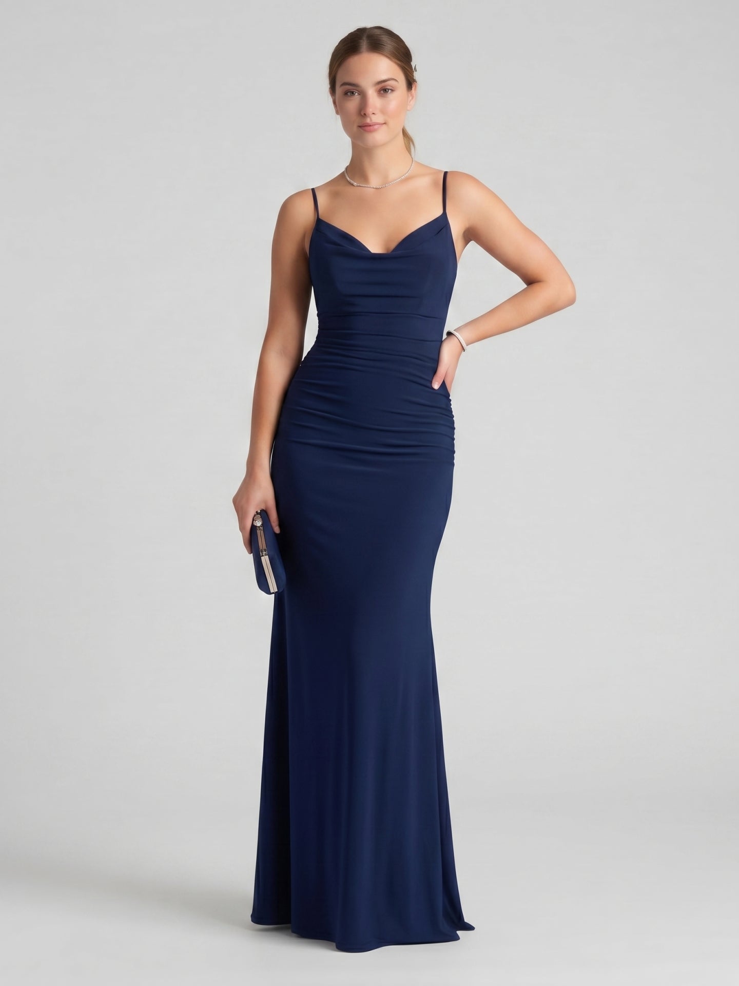 Beautiful Back Navy Blue Stretch Knit Mermaid Cowl Neck Backless Ankle-Length Bridesmaid Dress
