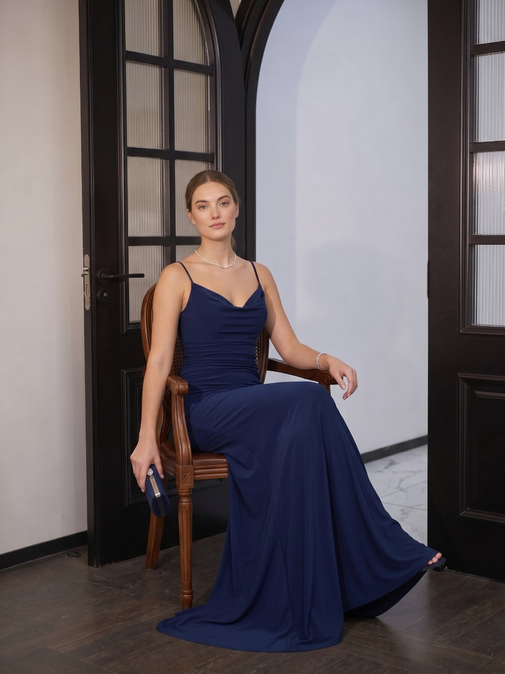 Beautiful Back Navy Blue Stretch Knit Mermaid Cowl Neck Backless Ankle-Length Bridesmaid Dress