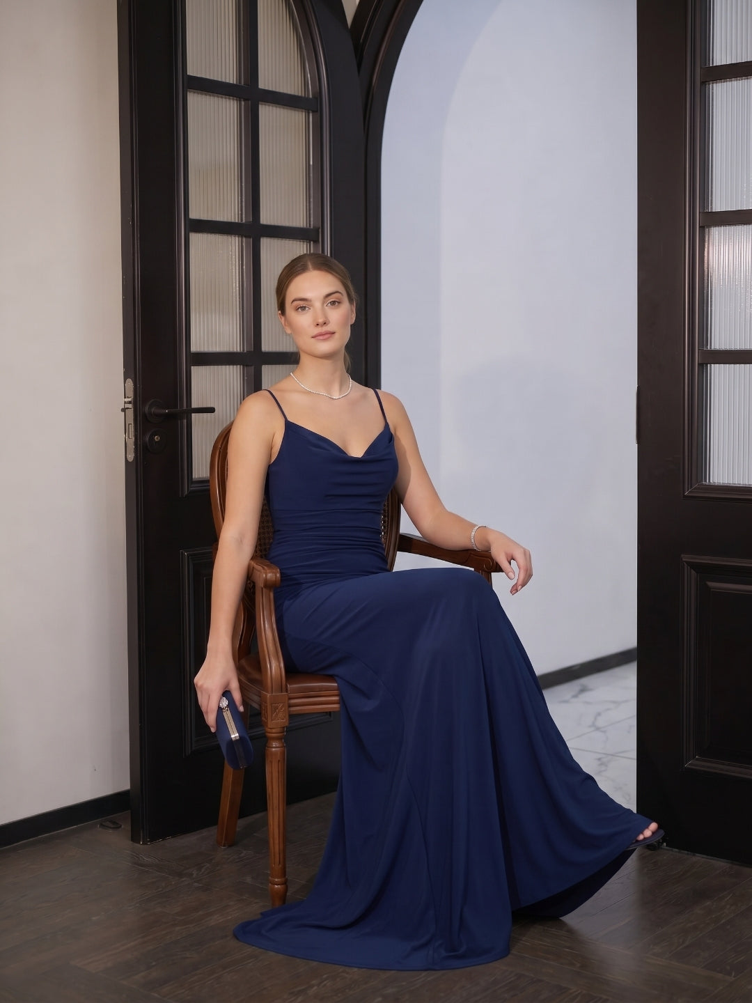 Beautiful Back Navy Blue Stretch Knit Mermaid Cowl Neck Backless Ankle-Length Bridesmaid Dress
