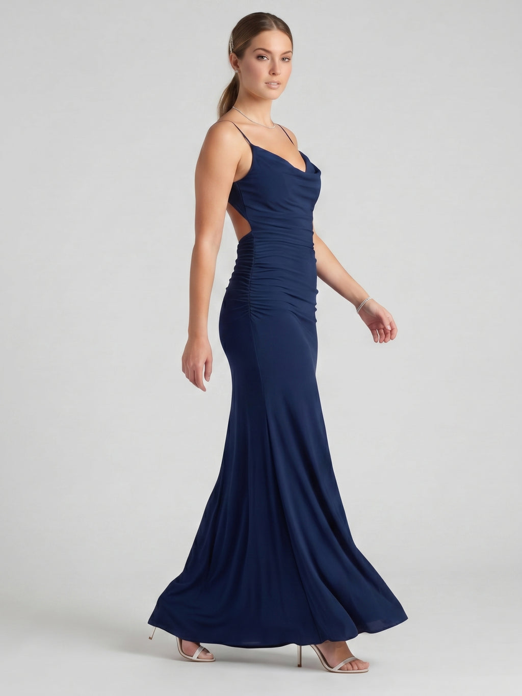 Beautiful Back Navy Blue Stretch Knit Mermaid Cowl Neck Backless Ankle-Length Bridesmaid Dress