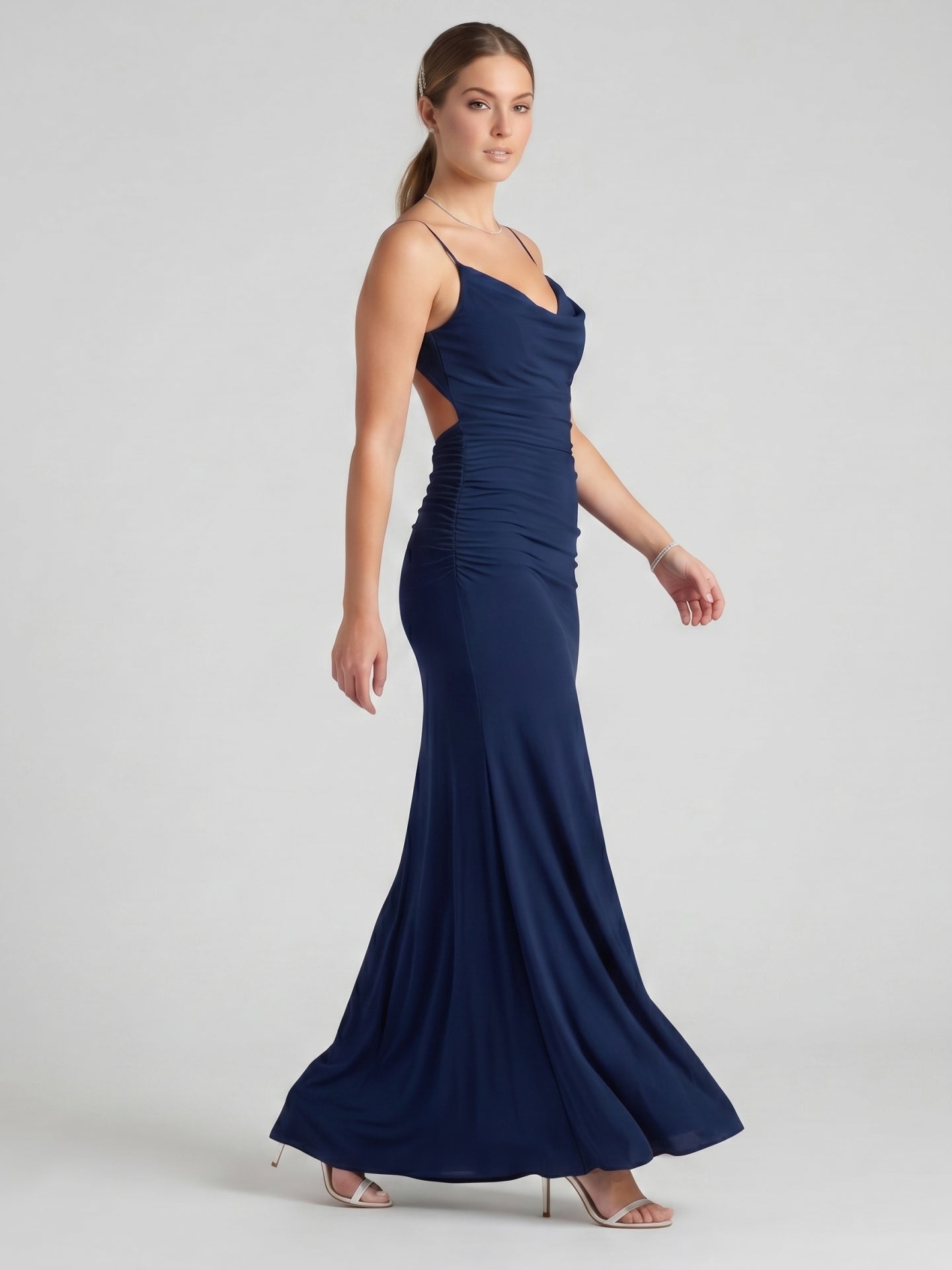 Beautiful Back Navy Blue Stretch Knit Mermaid Cowl Neck Backless Ankle-Length Bridesmaid Dress