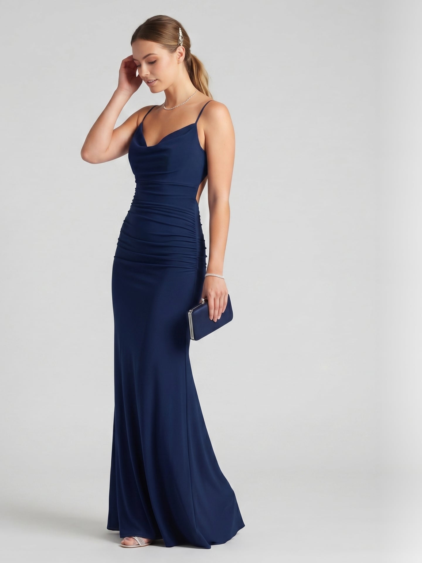 Beautiful Back Navy Blue Stretch Knit Mermaid Cowl Neck Backless Ankle-Length Bridesmaid Dress