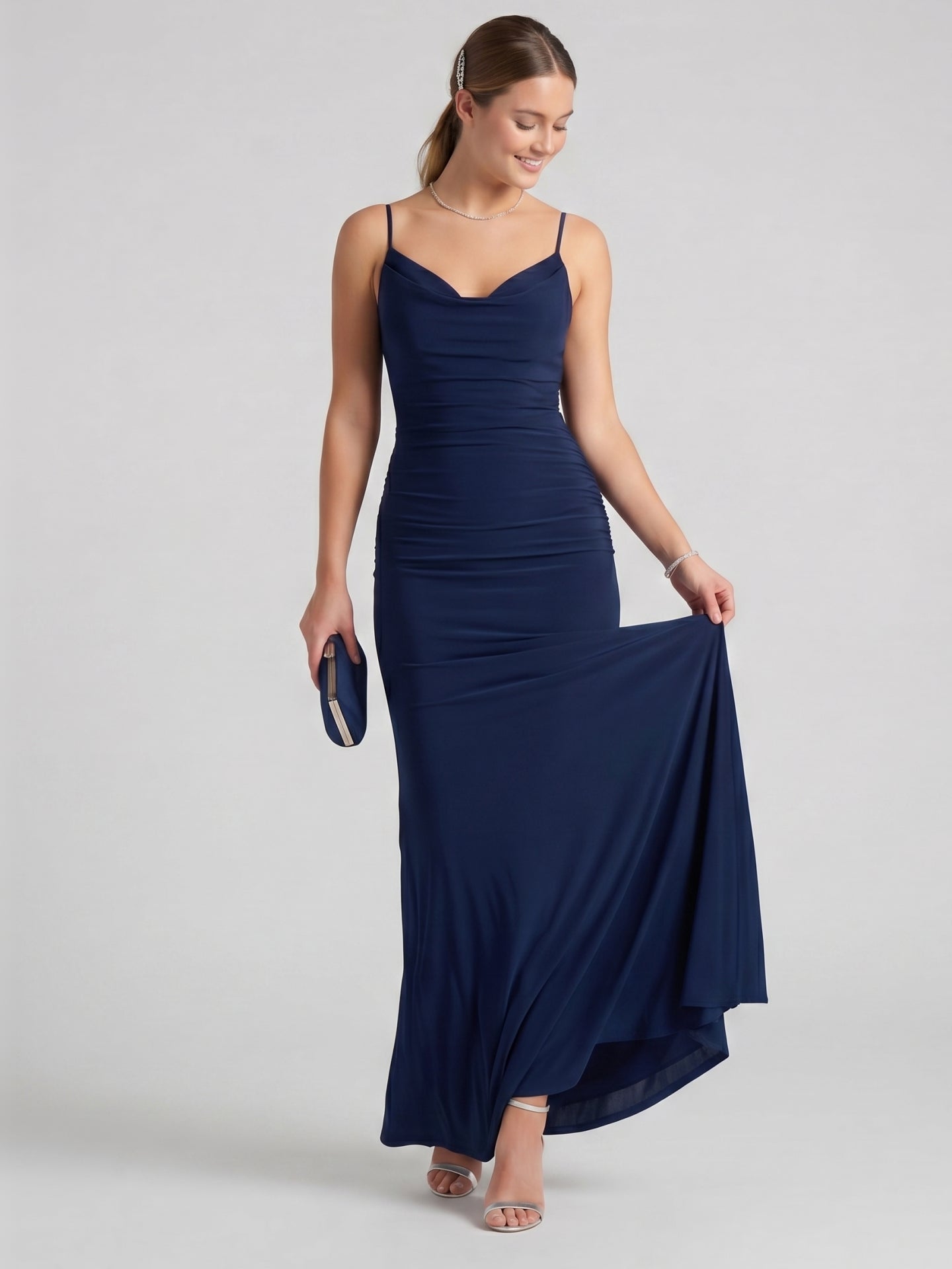 Beautiful Back Navy Blue Stretch Knit Mermaid Cowl Neck Backless Ankle-Length Bridesmaid Dress