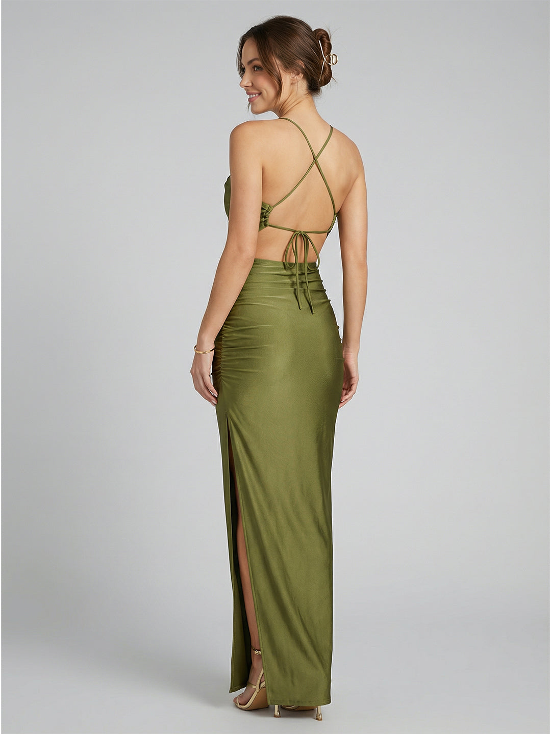 Beautiful Back Olive Green Satin column Halter neckline Backless Ankle-Length Bridesmaid Dress